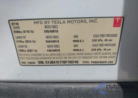 2016 Tesla Model S 60/70/75/85 from USA, damaged, VIN 5YJSA1E17GF150745